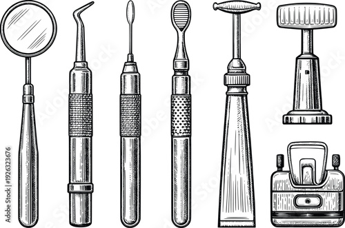 Illustration of various dental instruments arranged in a row