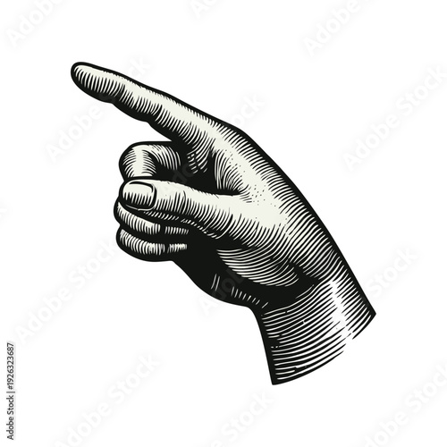 Hand pointing with index finger in vintage woodcut illustration style