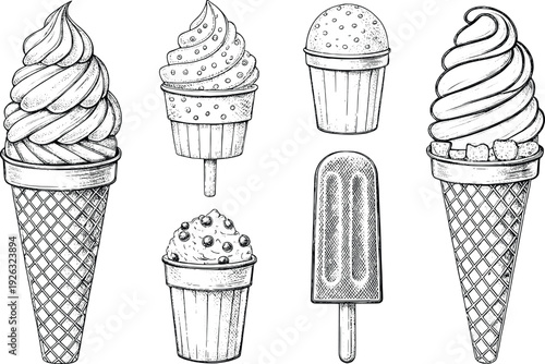 Assorted ice cream treats in a delightful black and white illustration