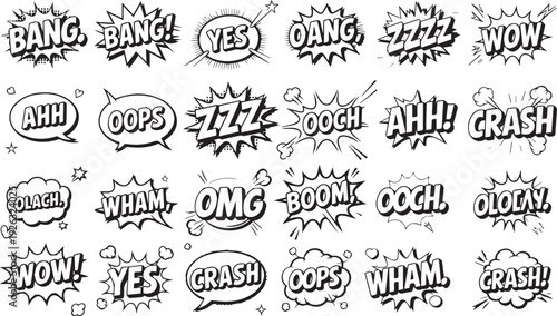 Comic Book Sound Effects - Collection of vintage comic book speech bubbles and sound effects, Classic black and white comic book sound effects exclamations starburst vector 
