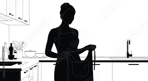 Silhouette of a woman wearing apron in a kitchen with cooking elements around