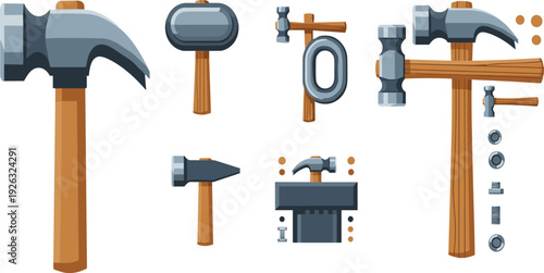 Carpentry hammer tool vector set with woodworking equipment nails and metal hardware for construction repair and handyman design.