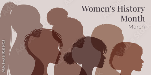 Women's History Month banner diverse female profile silhouettes different hairstyles multicultural women empowerment equality celebration March concept modern flat vector illustration