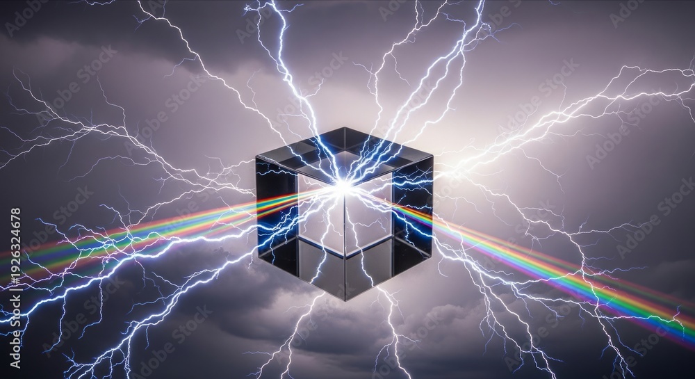 Fototapeta premium Dynamic Cube Surrounded by Lightning and Colorful Rainbows