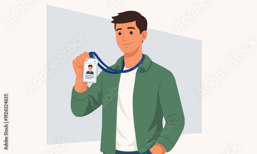 Flat vector illustration of man holding ID badge representing employee identification, access control and corporate security.