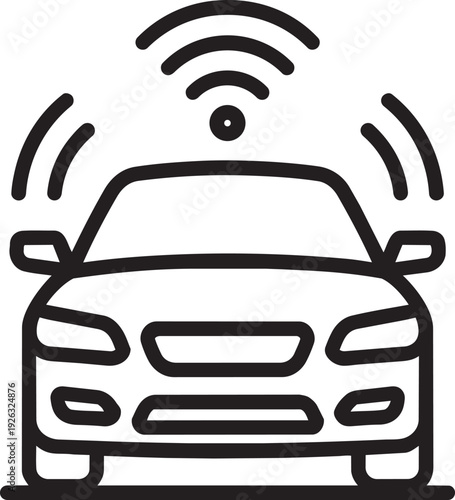 Front view of an autonomous vehicle icon with signal waves illustrating self driving car technology and sensors
