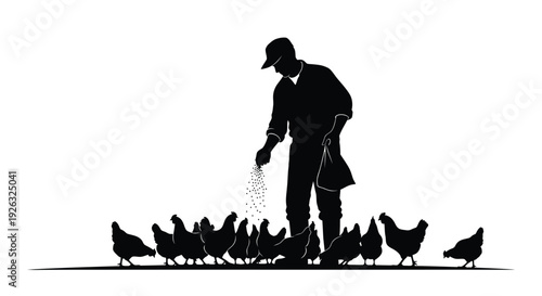 Man feeding chickens with grains in a farm yard vector illustration design