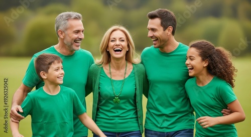 Laughing Family Wearing Green Clothes in Park Landscape Background