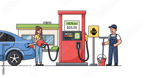 Man and Woman Refueling Car.