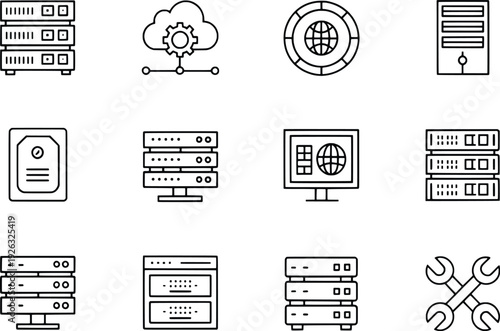 Collection of various technology and security related icons in black and white