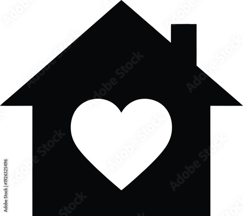 A black house icon with a heart in the center