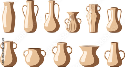 Clay ceramic jug and vase vector set with traditional pottery containers for kitchen decor rustic interior and craft design.