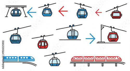 Cable cars and trains transportation system illustration for travel and tourism.