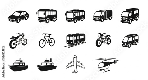 Collection of various transportation vehicles in black and white illustration.
