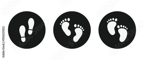 Set of human footprint and shoe print icons in different styles. Silhouette vector graphic design elements. Vector illustration.