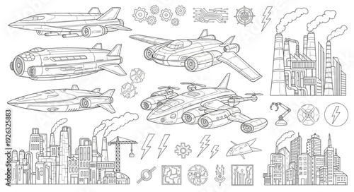 Detailed illustration of various futuristic airships and cityscapes in a monochrome style.