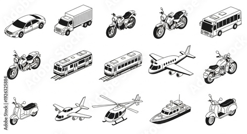 Collection of various transportation vehicles in black and white illustration.