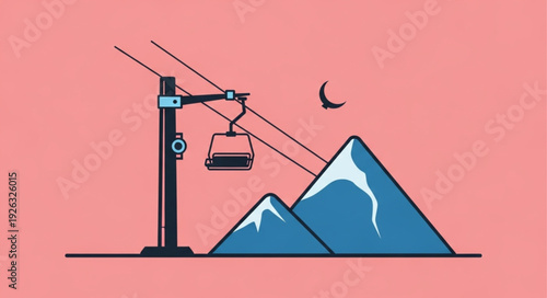 Ski lift ascending mountain peaks with a bird flying in the sky.