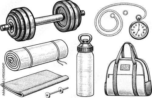 Illustration of various fitness and travel items arranged together