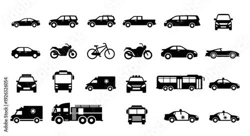 Collection of various black vehicle silhouettes for transportation and travel.