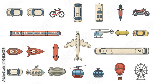 Collection of various transportation vehicles in a top-down view, diverse and detailed.