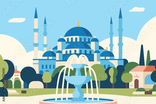Illustration Of A View Of A Mosque Building With A Large Courtyard And A Fountain In Front Vector Design Template