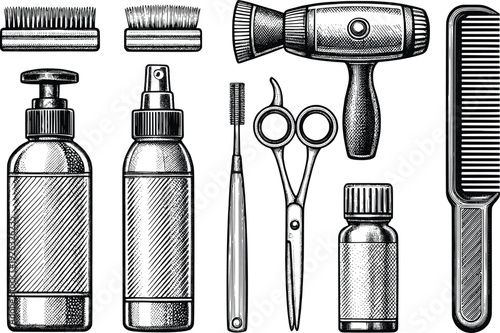 Illustration of various barber tools arranged neatly on a white background