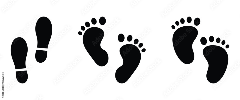 Fototapeta premium Black and white footprint icon and silhouette design elements, used to Represent orthopedics, foot pain, trauma services and signifying foot care products. Vector illustration.