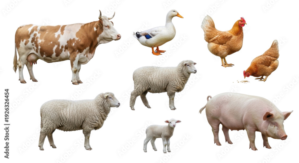 Fototapeta premium Farm animals collection with cow, goose, chickens, sheep, lamb, and pig on white background