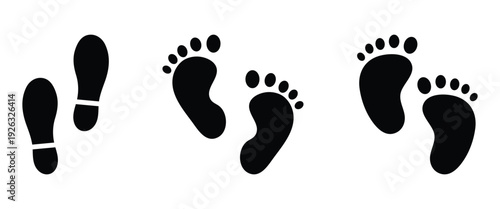 Black and white footprint icon and silhouette design elements, used to Represent orthopedics, foot pain, trauma services and signifying foot care products. Vector illustration.