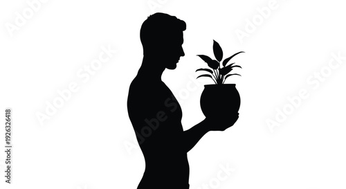 Silhouette of man holding potted plant with leaves in a vector graphic illustration design