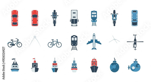 Collection of various transportation vehicles and vessels in top view.