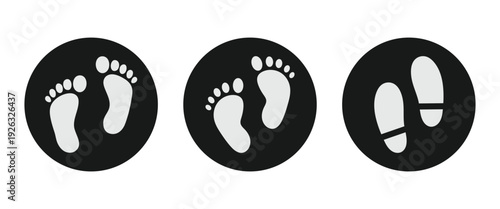Black and white footprint icon and Silhouette design element in circular frame, used to Represent orthopedics, foot pain, trauma services and signifying foot care products.