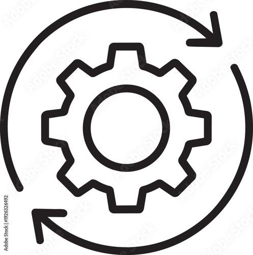 Circular arrows surrounding a gear icon representing system updates and continuous automated processes in technology development
