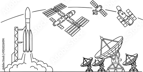 Line art vector of a space exploration concept with a rocket launch, space station, satellites, and radar dishes