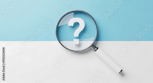 Magnifying glass with question mark on blue and white background for search concept