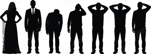 Silhouette of Successful Business People and Stressed Men Expressing Failure Headache Grief and Professional Despair Isolated on White Background for Concepts