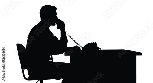 Man sitting at desk talking on old fashioned landline phone vector illustration