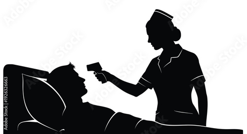 Nurse checking patient temperature with thermometer in a healthcare setting vector illustration design