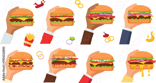 Hand holding burger vector set with different cheeseburger variations and fast food elements for restaurant menu and takeaway design.