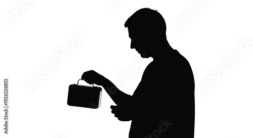 Man opening a lunchbox while holding a mobile phone in his hand