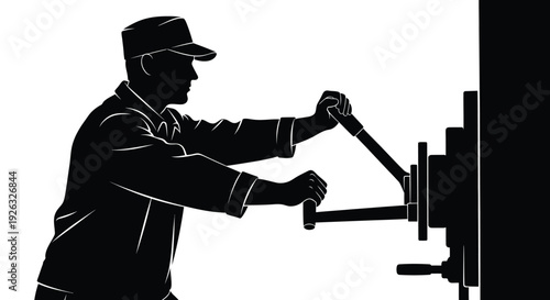 worker operating heavy machinery in industrial setting with manual controls and mechanical equipment