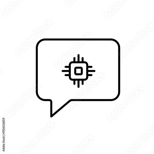 A vector icon of a speech bubble with an AI chip inside, representing interaction with an AI copilot assistant, created in line style with editable stroke