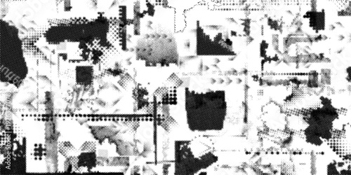 Glitch distorted grungy abstract forms . Halftone dots seamless pattern texture. Grange shapes .Grunge textured . Vector shapes with half tone dots .Screen print endless pattern texture