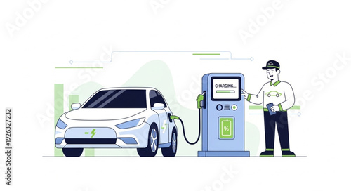 Man Charging Electric Car Station.