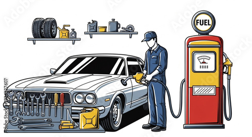 Man Refueling Car at Gas Pump.