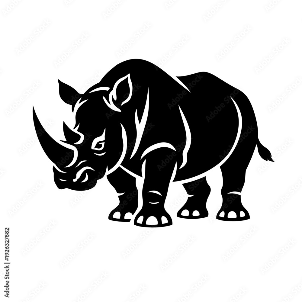Obraz premium Striking Rhinoceros Silhouette Vector Art - A Powerful Black and White Graphic Design Featuring a Wild African Beast with a Prominent Horn, Perfect for Logos, T-Shirts, Merchandise, and Wildlife Conse