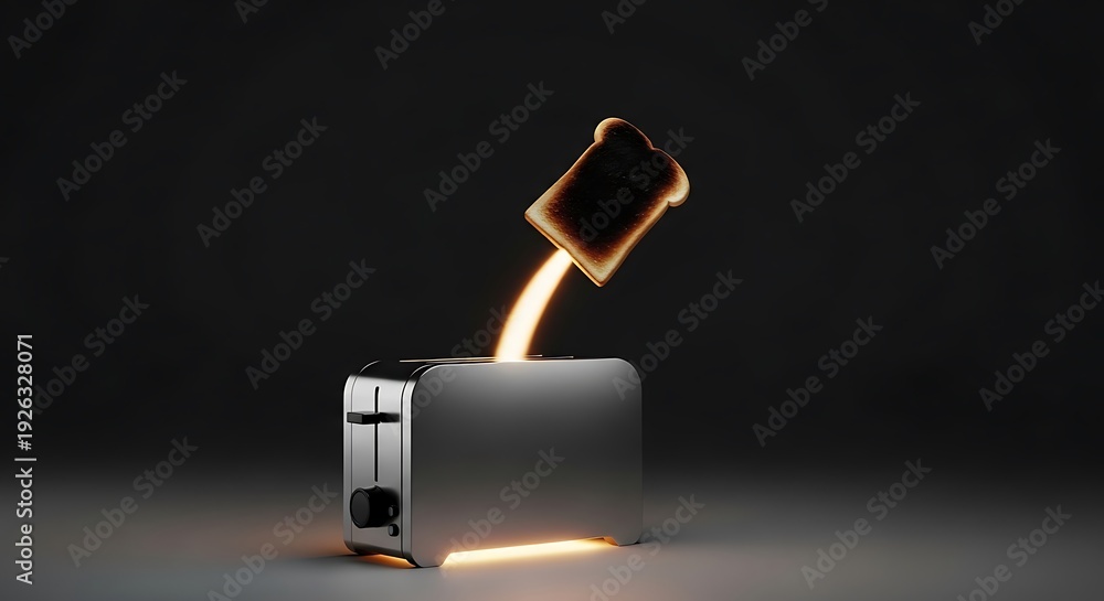 Fototapeta premium Burnt toast popping out of silver toaster with flames burning toast