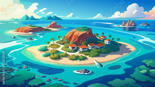 Very beautiful aerial view of a tropical coral atoll island surrounded by shallow turquoise waters and vibrant reef formations.
