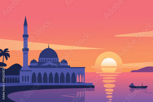 Illustration Of A View Of A Mosque On The Beach With Trees And A Sunset Atmosphere Vector Design Template